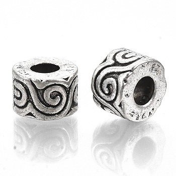 Tibetan Style Alloy European Beads, Large Hole Beads, Cadmium Free & Lead Free, Column with Swirl Pattern, Antique Silver, 10x7mm, Hole: 4.5mm, about 337pcs/1000g