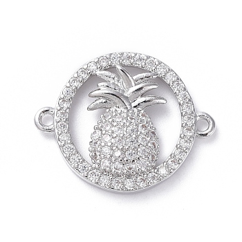 Brass Micro Pave Cubic Zirconia Links connectors, Ring and Pineapple, Clear, Platinum, 15x19x3mm, Hole: 1.2mm