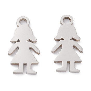 201 Stainless Steel Pendants, Laser Cut, Manual Polishing, Girl, Stainless Steel Color, 14x7.5x1mm, Hole: 1.6mm