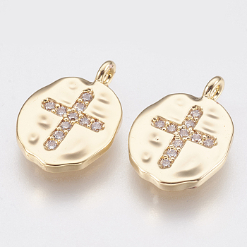 Brass Charms, with Micro Pave Cubic Zirconia, Oval with Cross, Clear, Nickel Free, Real 18K Gold Plated, 14x10x1.5mm, Hole: 1.4mm