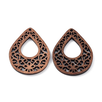 Walnut Wood Laser Cut Pendants, Hollow Charms, Undyed, Teardrop, 35x28x2.6mm, Hole: 1.6mm