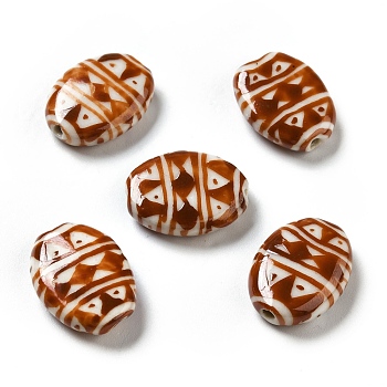 Handmade Printed Porcelain Beads, Oval with Triangle Pattern, Orange Red, 18x14.5x5mm, Hole: 1.6mm