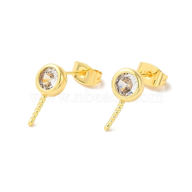 Real 18K Gold Plated Flat Round Brass+Cubic Zirconia Stud Earring Findings
