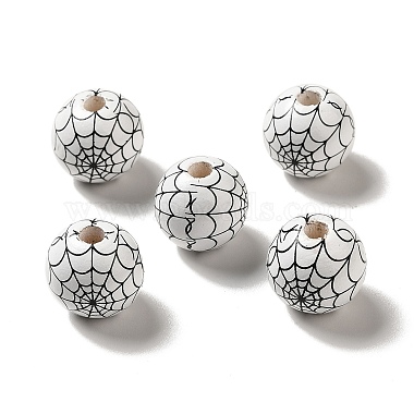 Halloween Printed Spider Webs Colored Wood European Beads(WOOD-K007-04G)-2