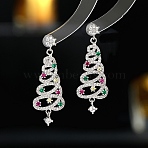 Christmas Trees Brass Micro Pave Cubic Zirconia Dangle Stud Earrings, Platinum, 36x13.5mm(EJEW-C165-01P)