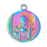Ion Plating(IP) 304 Stainless Steel Pendants, Flat Round with Saint Padre Pio, Rainbow Color, 24x20x2.5mm, Hole: 2.5mm(STAS-C049-28M)