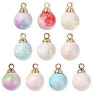 10Pcs 7 Style Two Tone Transparent Spray Painted Glass Pendants, with Light Gold Plated Brass Loop, Frosted, with Glitter Powder, Round Charms, Mixed Color, 12x8mm, Hole: 1.6~2mm(GLAA-YW0001-63)