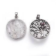 Natural Quartz Crystal Pendants, Rock Crystal Pendants, with Brass Findings and Rhinestone, Half Round with Tree of Life and Owl, 31x27x10~11mm, Hole: 5x7mm(G-I214-E06)