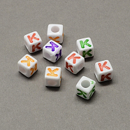 Large Hole Colorful Acrylic Letter European Beads, Horizontal Hole, Cube with Letter.K, 7x7x7mm, Hole: 4mm, about 1144pcs/500g(SACR-Q104-02K)