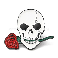 Skull & Rose Enamel Pins, Black Zinc Alloy Brooches for Backpack Clothes, Halloween Theme, White, 31x36x2mm(JEWB-Z013-01A-EB)