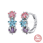 925 Sterling Silver Micro Pave Cubic Zirconia Hoop Earrings, Flower, Colorful, Real Platinum Plated, 14x5mm(EJEW-K284-05P)