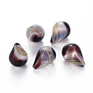 Transparent Handmade Blown Glass Globe Beads, Stripe Pattern, Teardrop, Coconut Brown, 19.5~21x14~15mm, Hole: 1~2mm(GLAA-T012-03)