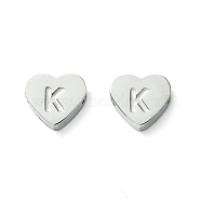316 Surgical Stainless Steel Beads, Love Heart with Letter Bead, Stainless Steel Color, Letter K, 5.5x6.5x2.5mm, Hole: 1.4mm(STAS-R230-01K-P)