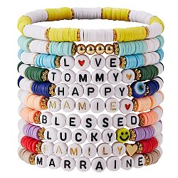 10Pcs 10 Style Encourage Word Polymer Clay Heishi Surfer Stretch Bracelets Set with Heart, Lucky Preppy Bracelets with Heart for Women, Mixed Color, Inner Diameter: 2-1/8 inch(5.5cm)(BJEW-SW00041)