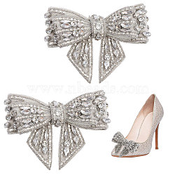 2Pcs Detachable Cloth Bowknot Shoe Decoration, with Rhinestone, Silver, 72x99x30mm(AJEW-CA0004-21B)