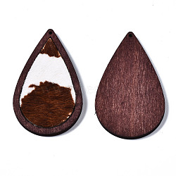 Eco-Friendly Cowhide Leather Big Pendants, with Dyed Wood, Teardrop with Leopard Print, Sienna, 60x36x4mm, Hole: 1.2mm(FIND-S301-41C-14)