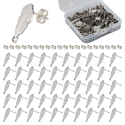 30Pcs 201 Stainless Steel Stud Earrings Finding, with 304 Stainless Steel Pins & Horizontal Loops, Leaf, with 60Pcs Ear Nuts, Stainless Steel Color, 18.5x9mm, Hole: 1.8mm, Pin: 0.7mm(STAS-UN0046-43)