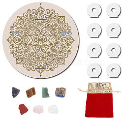 CREATCABIN Flat Round Wooden Tarot Plates, with Acrylic Holders and Random Raw Rough Natural & Synthetic Gemstone Beads, Flower Pattern, Plates: 200x5mm, Hole: 3x30mm, 1 set; Beads: 29~35x20~28x12~23mm, 7pcs/set, 1 set(DJEW-CN0001-21B)