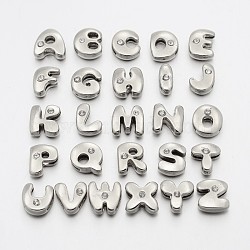 English Alphabet Sets, 26 Letter Slider Alloy Beads with Single Rhinestone, Letter A~Z, 11~13x9~11.5x4~5mm, Hole: 7.5~8x1mm(ALRI-O012-NR-1)
