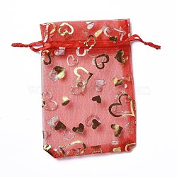 Organza Drawstring Jewelry Pouches, Wedding Party Gift Bags, Rectangle with Gold Stamping Heart Pattern, Red, 15x10x0.11cm(OP-I001-B05)