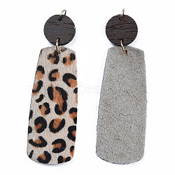 Eco-Friendly Cowhide Leather Big Pendants, with Dyed Wood and 304 Stainless Steel Jump Rings, Rectangle with Leopard Print, Dark Goldenrod, 75mm(FIND-N049-11-05)