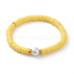 Handmade Polymer Clay Heishi Beads Stretch Bracelets, with Brass Spacer Beads and Round Glass Pearl Beads, Yellow, Inner Diameter: 2-1/8 inch(5.5cm)(BJEW-JB05759-02)