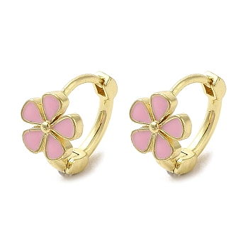 Flower Rack Plating Brass Hoop Earrings, with Pearl Pink Enamel, Golden, 12x13x7.5mm