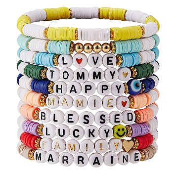 10Pcs 10 Style Encourage Word Polymer Clay Heishi Surfer Stretch Bracelets Set with Heart, Lucky Preppy Bracelets with Heart for Women, Mixed Color, Inner Diameter: 2-1/8 inch(5.5cm)