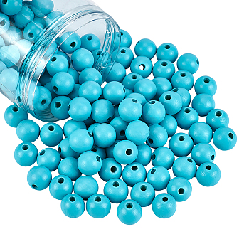 Painted Natural Wood Beads, Round, Light Sky Blue, 16mm, Hole: 4mm, 150pcs/box