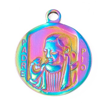 Ion Plating(IP) 304 Stainless Steel Pendants, Flat Round with Saint Padre Pio, Rainbow Color, 24x20x2.5mm, Hole: 2.5mm