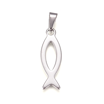 304 Stainless Steel Pendants, Ichthys/Jesus Fish, for Easter, Stainless Steel Color, 36.5x12x1.5mm, Hole: 9.5x4mm