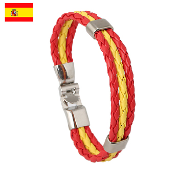 Flag Color Imitation Leather Triple Line Cord Bracelet with Alloy Clasp, Spain Theme Jewelry for Women, Red, 8-5/8 inch(22cm)