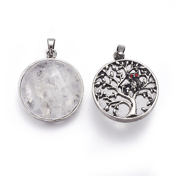 Natural Quartz Crystal Pendants, Rock Crystal Pendants, with Brass Findings and Rhinestone, Half Round with Tree of Life and Owl, 31x27x10~11mm, Hole: 5x7mm