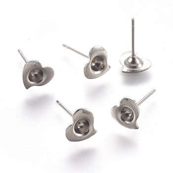 304 Stainless Steel Ear Stud Components, Heart, Stainless Steel Color, 13mm, Tray: 3mm, Pin: 0.7mm