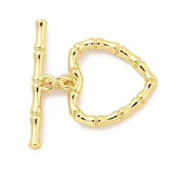 Rack Plating Brass Toggle Clasps, Long-Lasting Plated, Lead Free & Cadmium Free, Heart, Real 18K Gold Plated, 23.5mm long, bar: 4.5x29x2mm hole: 1.2mm, heart: 17.5x16.5x2mm, hole: 1.2mm, ring: 5x1mm, inner diameter: 3mm