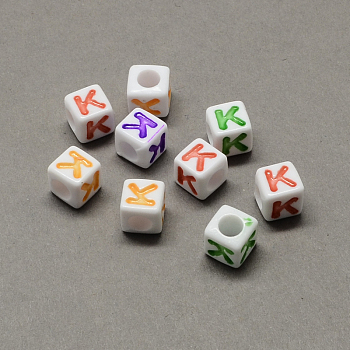 Large Hole Colorful Acrylic Letter European Beads, Horizontal Hole, Cube with Letter.K, 7x7x7mm, Hole: 4mm, about 1144pcs/500g