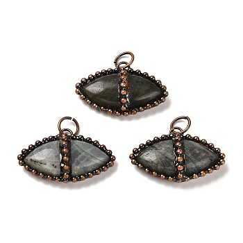 Natural Labradorite Pendants, Horse Eye Charms with Rack Plating Red Copper Tone Handmade Solder Tin, Cadmium Free & Lead Free, 34x22x9.5mm, Hole: 6mm