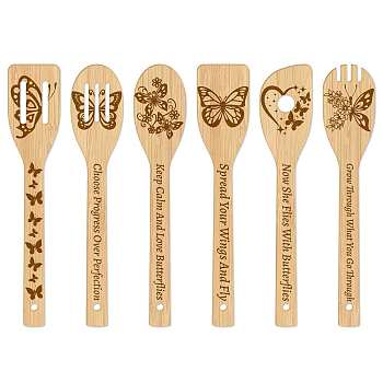 6Pcs Bamboo Spoons & Knifes & Forks, Flatware for Dessert, Butterfly Pattern, 60x300mm, 6 style, 1pc/style, 6pcs/set