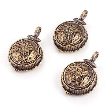 Brass Locket Pendants, Flat Round with Lotus Flower, Brushed Antique Bronze, 36.5x24.5x9mm, Hole: 4x6.5mm, Inner: 20.5mm