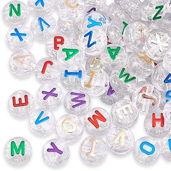 CHGCRAFT Plating Transparent Acrylic Beads, with Glitter Powder, Metal Enlaced, Flat Round with Letter, Mixed Color, 10x6mm, Hole: 1.8mm, 7 colors, 20g/color, 140g/box