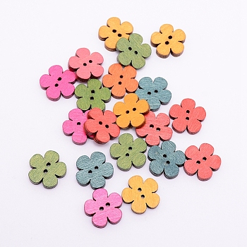 2-Hole Printed Wooden Buttons, for Sewing Crafting, Dyed, Flower, Mixed Color, 17x18.5x3.5mm, Hole: 1.6mm, about 50pcs/bag