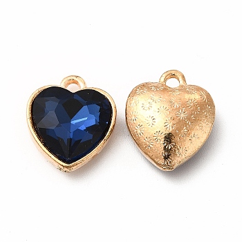 Faceted Glass Rhinestone Pendants, with Golden Tone Zinc Alloy Findings, Heart Charms, Dark Blue, 16.5x14x6.5mm, Hole: 1.6mm