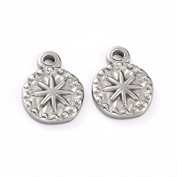 304 Stainless Steel Charms, Flat Round with Star, Stainless Steel Color, 13x10x2mm, Hole: 1.6mm