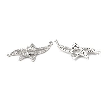 Brass Pave Clear Cubic Zirconia Connector Charms, Starfish Links, Platinum, 13x32x2.5mm, Hole: 1mm
