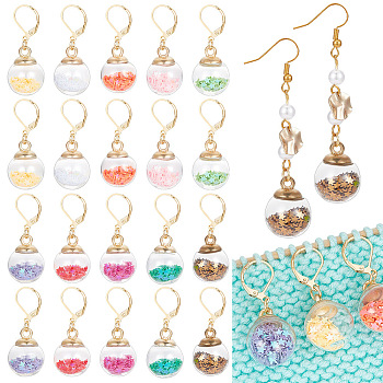 20Pcs 10 Colors Glass Ball with Star Glitter Sequins Pendant Stitch Markers, Crochet Leverback Hoop Charms, Mixed Color, 3.7cm, 2pcs/color