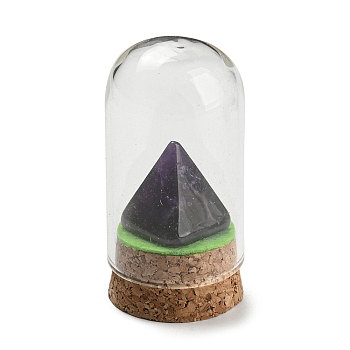 Natural Amethyst Pyramid Display Decoration with Glass Dome Cloche Cover, Cork Base Bell Jar Ornaments for Home Decoration, 30x58.5~60mm
