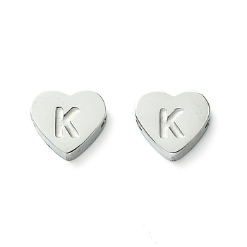 316 Surgical Stainless Steel Beads, Love Heart with Letter Bead, Stainless Steel Color, Letter K, 5.5x6.5x2.5mm, Hole: 1.4mm