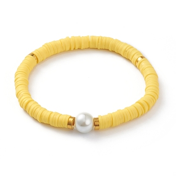 Handmade Polymer Clay Heishi Beads Stretch Bracelets, with Brass Spacer Beads and Round Glass Pearl Beads, Yellow, Inner Diameter: 2-1/8 inch(5.5cm)
