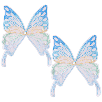 Ppolyester & Resin Thread Iron on/Sew On Patches, Hot Melt Adhesive, Cloth Appliques, Butterfly, Light Sky Blue, 230x200x11.5mm