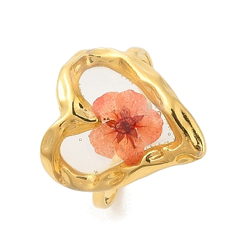 Heart Ion Plating(IP) 304 Stainless Steel Open Cuff Rings for Women, with Epoxy Resin & Dried Flower inside, Golden, 19mm, Adjustable